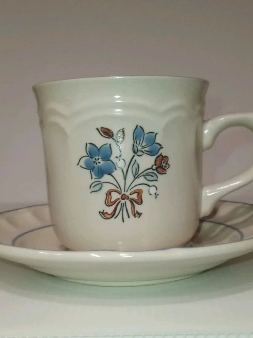 Cordella Stoneware Mug and Saucer Set | White Blue Brown Floral Pattern